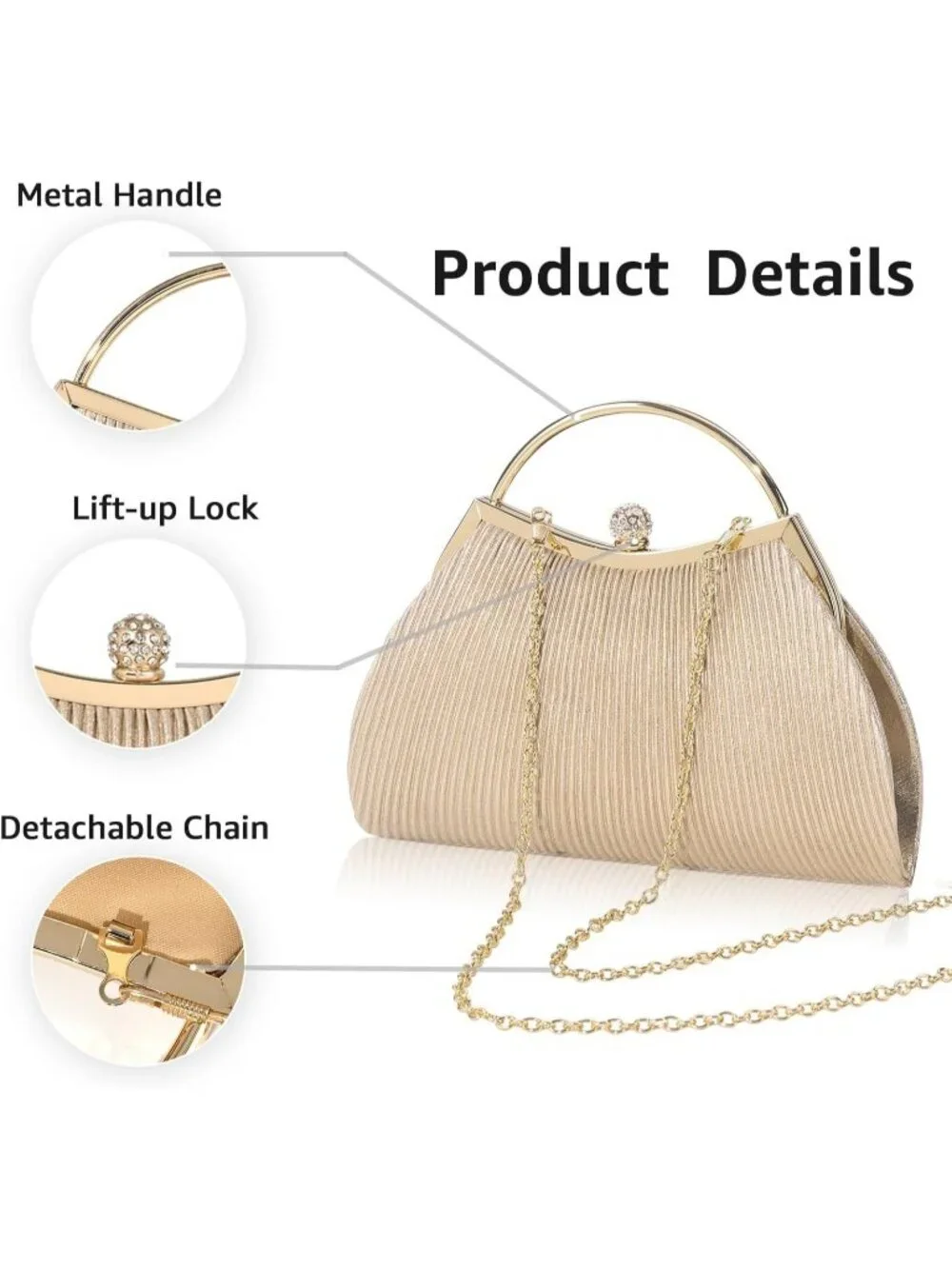Women's Gold Y Glitter Pleated Clutch Purse For Sparkly Evening Wedding Bag
